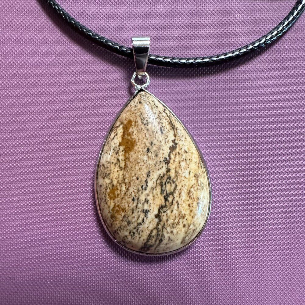 Natural Picture Jasper Teardrop Pendant Necklace Boho Earthy Stone Silver Bezel